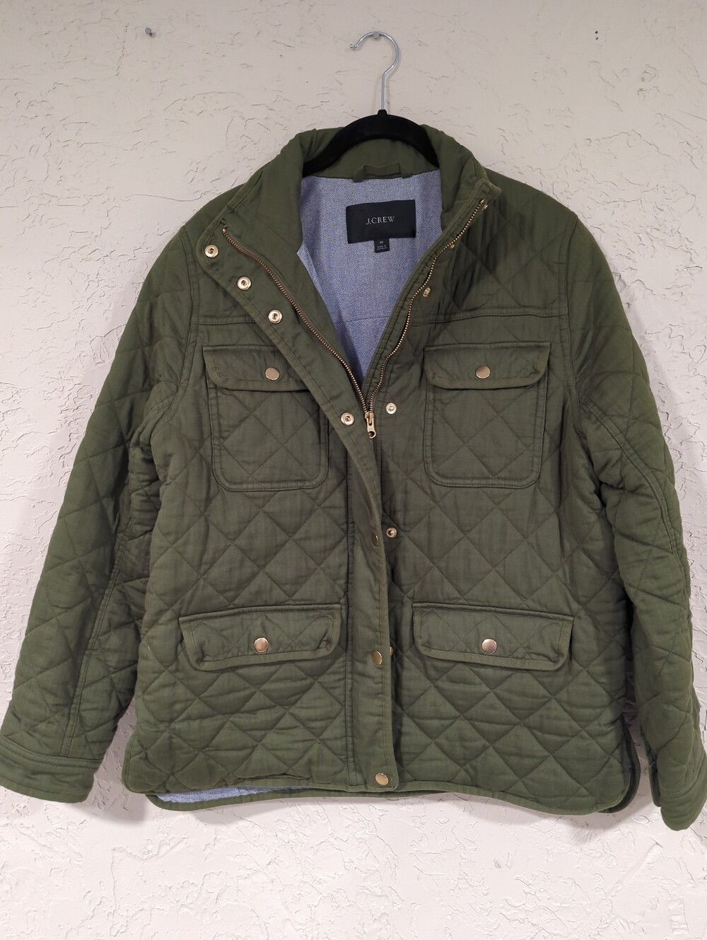 J Crew Olive Green Quilted Collared Zip Up Jacket Women's Medium Lightweight